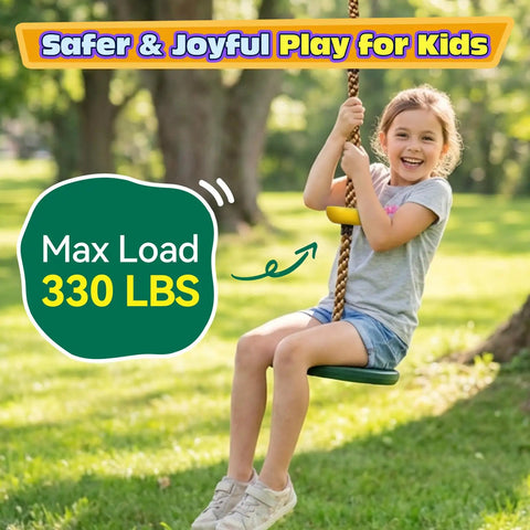 Child on kids tree swing set with 330lb capacity rope swing, platforms, disc seat in outdoor playground, safety emphasized.