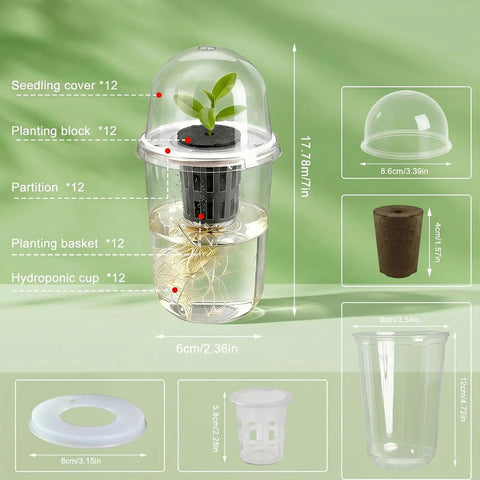 Clear Hydroponic Cups With Humidity Domes 12 Pack 5 In 1 Growing System Kit showing transparent cup, net pot, and root observation.