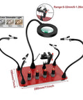 Heavy Duty Welding Workbench With Magnetic Flexible Arm PCB Holder And 3X LED Magnifying Lamp For Soldering And Repair Built For Precision Durability And Easy Hands Free Work, featuring flexible serpentine arms and dimmable lights.