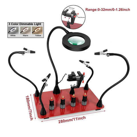 Heavy Duty Welding Workbench With Magnetic Flexible Arm PCB Holder And 3X LED Magnifying Lamp For Soldering And Repair Built For Precision Durability And Easy Hands Free Work, featuring flexible serpentine arms and dimmable lights.