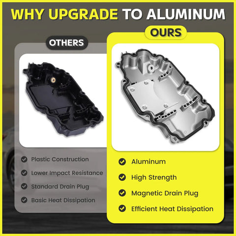 Upgraded Aluminum Engine Oil Pan Sump Kit For Infiniti Q50 And Q60 With Magnetic Drain Plug Gasket Fits 3.0L V6 Twin Turbo AWD Models Replaces Old Part Number Smooth Flow, aluminum oil pan shown vs plastic