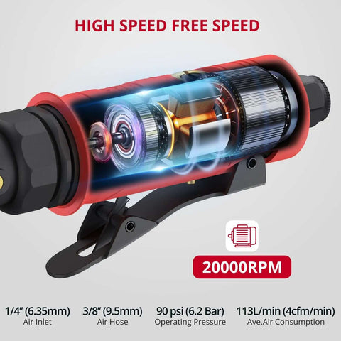 Tough Workhorse Right Angle Air Die Grinder Pulling 20000 Rpm With Rear Exhaust Design showcasing internal motor mechanics.