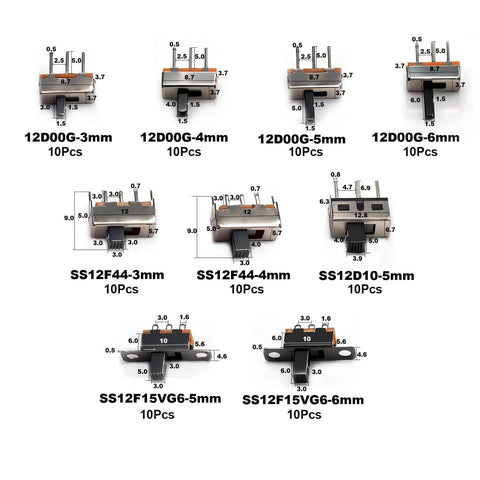 Ultra Compact Mini Micro Slide Switch Kit With 90 Pieces 1P2T 2 Position 3 Pin SPDT Toggle Switches Panel Mount Through Hole diagram