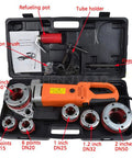 Job Ready Electric Pipe Threader Kit Featuring A Beefy 2300W Motor And Sleek Handheld Build Includes six heavy-duty die heads and accessories.