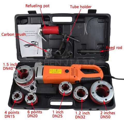 Job Ready Electric Pipe Threader Kit Featuring A Beefy 2300W Motor And Sleek Handheld Build Includes six heavy-duty die heads and accessories.