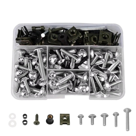 177Pcs Beefed Up Motorcycle Screw And Nut Kit For Gsxr600 Gsxr1000 Gsx1300R Gsx600F Gsx750F SV1000 SV650 With Hex Drive Durable Silver Finish Must Have For OEM Replacement And Upgrades. Assorted silver motorcycle screws, nuts, and clips in a storage box