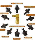 Oil pressure tester kit with brass 90-degree elbow quick coupler and ten black adapter fittings surrounding it.