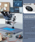 Pro Grade Stereo Microscope With Trinocular Setup For Soldering And PCB Work Camera Ready Heavy Duty Precision Microscope For Microelectronics And Detailed Inspection Eye Friendly Eyepieces with solder fume purifier on bench