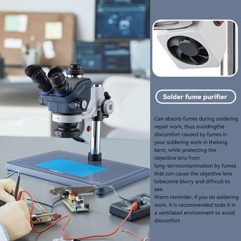 Pro Grade Stereo Microscope With Trinocular Setup For Soldering And PCB Work Camera Ready Heavy Duty Precision Microscope For Microelectronics And Detailed Inspection Eye Friendly Eyepieces with solder fume purifier on bench