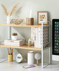 Slick Two Tier Desk Shelf Organizer With White Shelves And Wood Frames For Hassle Free Desktop Organization And Smart Vertical Storage, 14 L x 7.9 W x 15.7 H inches.