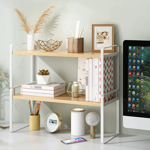 Slick Two Tier Desk Shelf Organizer With White Shelves And Wood Frames For Hassle Free Desktop Organization And Smart Vertical Storage, 14 L x 7.9 W x 15.7 H inches.