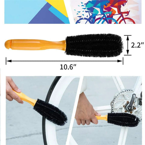 All-In-One 9-Piece Bike Cleaning Kit with black wheel brush shown cleaning bike wheel and chain