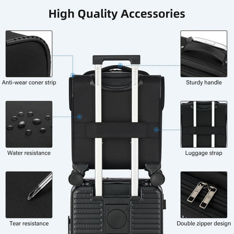 HanTrip 16-Inch underseat carry-on luggage, black softside with wheels; water-resistant with double zippers.