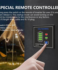 Close-up of 15ft battery level monitor remote for 1500W Pure Sine Wave Inverter, shows battery status and control options.