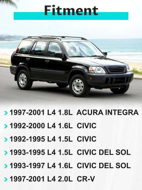 Fitment list for Front Right Engine Motor Mount For Honda Civic Integra CRV 1992 to 2001 in black SUV with ocean backdrop.