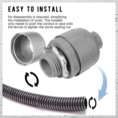 One Half Inch Liquid Tight PVC Conduit Connector Fittings Straight And 180 Degree Flexible Nonmetallic Easy Install shown with tubing