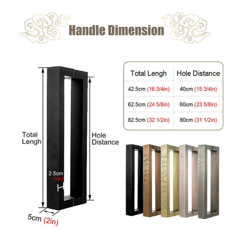Heavy Duty Stainless Steel Door Pull Handles Set For Wood And Metal Doors With Double Sided Carved Pattern Anti Rust Finish Durable Entrance Handle For Indoor And Outdoor Use Commercial Grade Hardware, 42.5cm, black dimensions