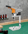 Rugged Workhorse Double Hole Drill Press Stand With No Sweat Depth Adjustment Universal Heavy Duty Aluminum Bench Clamp for precise drilling.