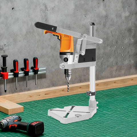 Rugged Workhorse Double Hole Drill Press Stand With No Sweat Depth Adjustment Universal Heavy Duty Aluminum Bench Clamp for precise drilling.