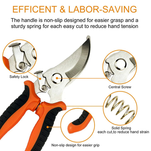 All In One Pruning Shears Kit 4 Pack Garden Clippers With Stainless Steel Blades And Gloves showing ergonomic handle and features