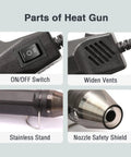 Parts of Mini Heat Gun With Dual Temperature Settings 392F And 662F, 4.9 Ft Cord, showing switch, vents, stand, and safety shield.