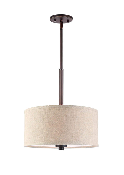 Three Light Pendant In Bronze Finish With Beige Drum Shade, A 35 Inch Tall And 14.5 Inch Wide Fixture, UL Listed For Dry Locations