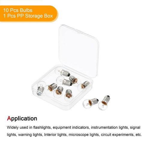 Heavy Duty E10 Miniature Bulbs With A Sweet Warm Yellow Glow And Secure Metal Screw Base Built For Flashlights And Electronics Gear Arrives In A Snazzy Storage Case With A Solid Ten Pack in clear box.
