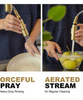 Brushed Gold Kitchen Faucet With Pull Down Sprayer Solid Brass Construction demonstrating spray and stream modes for cleaning.