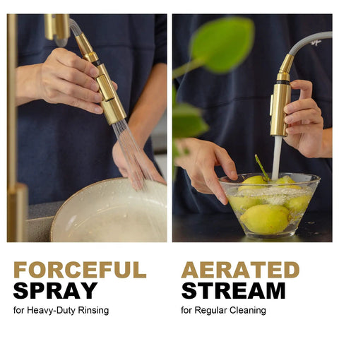 Brushed Gold Kitchen Faucet With Pull Down Sprayer Solid Brass Construction demonstrating spray and stream modes for cleaning.