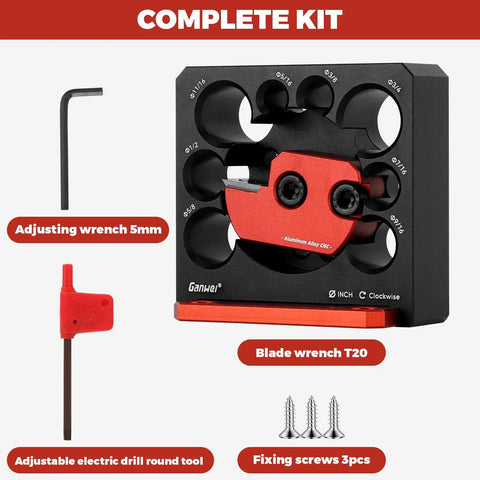Slick No Sweat Drill Attachment Jig Kit For Turning Square Lumber Into Smooth Wooden Dowels Fast Solid Eight Size Range with adjusting tools.