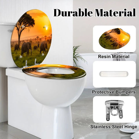 Round Sunset Toilet Seat featuring a colorful sunset design, durable resin material, and protective bumpers for comfort.
