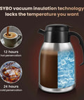 SYBO vacuum insulation carafe showing temperature retention, with coffee and ice to illustrate hot and cold preservation features.