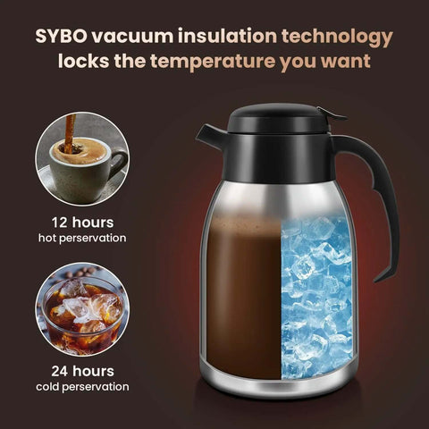 SYBO vacuum insulation carafe showing temperature retention, with coffee and ice to illustrate hot and cold preservation features.
