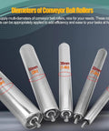 Heavy Duty Stainless Steel Conveyor Rollers With Spring Press In Bearings For Factory Rail Replacement Systems, Fits 35 Inch L Length 20 Pack For Moving Heavy Loads display various diameters of rollers.