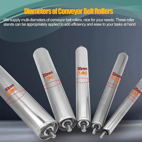 Heavy Duty Stainless Steel Conveyor Rollers With Spring Press In Bearings For Factory Rail Replacement Systems, Fits 35 Inch L Length 20 Pack For Moving Heavy Loads display various diameters of rollers.