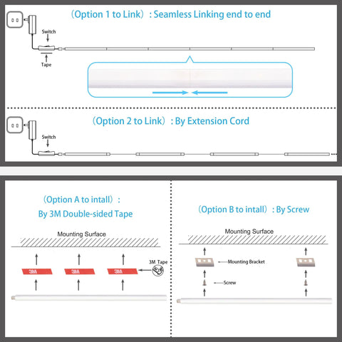 Installation options for Under Cabinet LED Lights Kit With Six 12 Inch Bars Seamlessly Linkable Includes Adapter And Switch