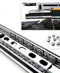 Full Extension Drawer Slides With Ball Bearings And Silky Smooth Glide Built Like A Tank For Heavy Duty Garage Storage Chests And 60 Inch Utility Drawers Featuring Cold Rolled Steel Side Mount Replacement Rails close-up view with ball bearings and polished finish.