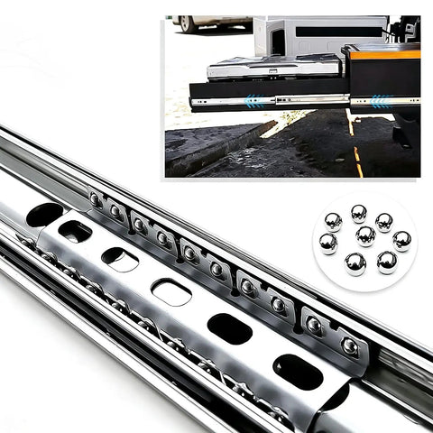 Locking Heavy Duty Drawer Slides 1 Pair Side Mount Ball Bearing Full Extension Cold-Rolled Steel Rails, showing smooth glide mechanism.