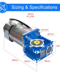 Front view of Bemonoc 120W AC worm gear reducer motor with blue gearbox and 14mm output shaft.