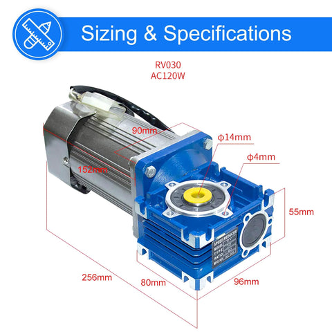 Front view of Bemonoc 120W AC worm gear reducer motor with blue gearbox and 14mm output shaft.