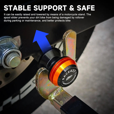 Close-up of M10 Swingarm Spools Slider for Motorcycles 10mm x 1.5 Pitch Heavy Duty CNC Aluminum in orange mounted on a bike