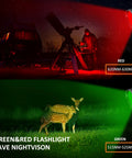 Rechargeable Magnetic LED Flashlight With 1200 Lumens, red and green beams illuminating night scene with telescope and deer.