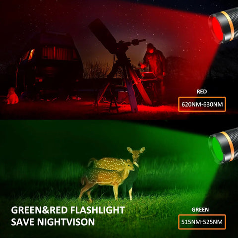 Rechargeable Magnetic LED Flashlight With 1200 Lumens, red and green beams illuminating night scene with telescope and deer.