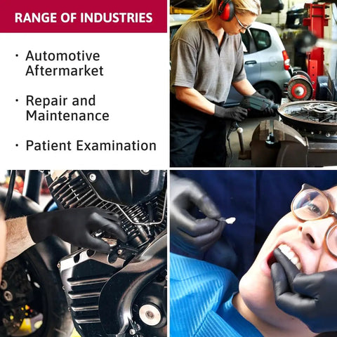 Built Different Black Nitrile Work Gloves With Textured Fingertips And Powder Free Comfort For Kickass Grip During Auto Repair And Industrial Demands Box Of One Hundred worn by mechanics and healthcare professionals in various tasks.