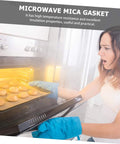 Woman surprised near oven; 10 Pack Mica Plate Sheets For Microwave Oven Replacement Heat Insulation Waveguide Cover And Oil Splatter