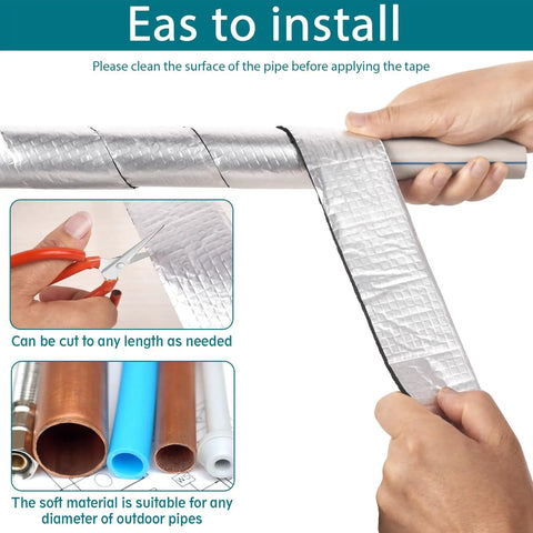 Hands applying Peel And Stick Outdoor Foam Pipe Insulation Tape 2 Inch By 33 Feet Aluminum Finish Shield on pipe.