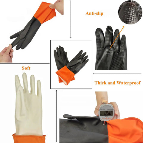 Detailed view of gloves showing anti-slip grip, thickness measurement, and softness of Workhorse Waterproof Rubber Apron With Thick Material 47 By 33 Inches Includes Gloves And Adjustable Neck Strap Built For Dishwashing Cleaning Dog Grooming Butchering Lab Work Painting And More.