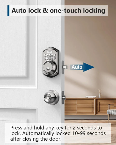 Keyless Entry Door Lock With Keypad And Auto Lock, Smart Deadbolt For Front Door, Satin Nickel Finish, shown on door with auto-lock feature.