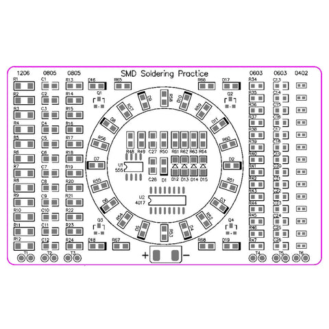 Top view of DIY SMD SMT Welding Practice Soldering Skill Training Board With Water Lamp Circuit Demonstration And Backside Ruler