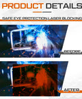 No Nonsense Heavy Duty Orange Laser Safety Shield Featuring Solid Optical Density Filter Blocking Harmful Ultraviolet And Blue Light Up To Five Forty Nm For Pro Shop Applications before and after comparison showing effective laser blocking.
